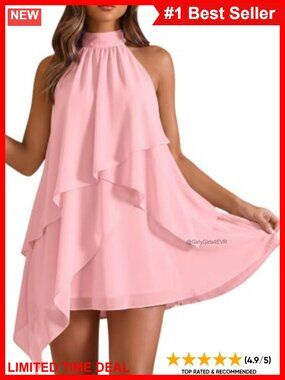 Chiffon Halter Mini Dress Ruffle Open Tie Back Sleeveless Summer Party